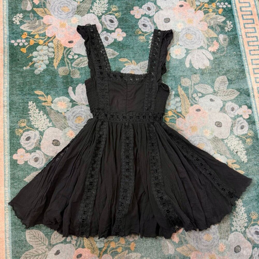 Free People Dress XS Verona Lace Trim Mini Black Square Neck Flare Gauzy Cotton - Picture 15 of 16